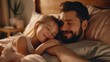 © Daniel - Happy father and little daughter relaxing in cozy bed together, smiling dad having fun with cute preschool girl, resting, taking nap in bedroom, family spending weekend together