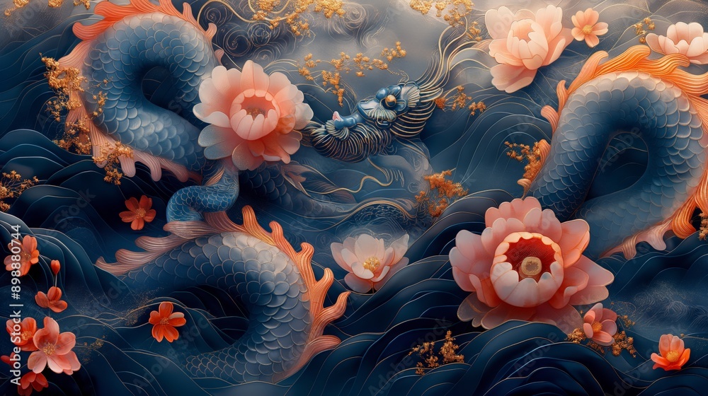 A Chinese dragon flowing through water with blooming flowers in a ...