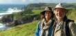 © jaykoppelman - A happy older retired couple hiking along a scenic coastal trail, enjoying nature and an active lifestyle, capturing moments of joy and adventure during retirement
