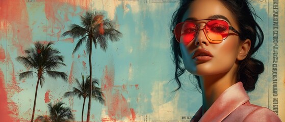 Wall Mural - A fashionable woman wearing red sunglasses with palm trees in the background, representing a tropical lifestyle and summer vibes, capturing a modern and stylish ambiance