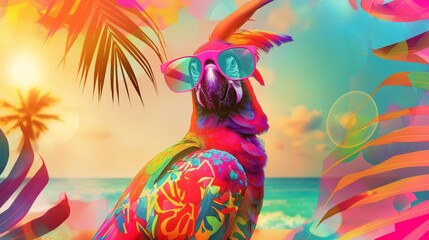 Wall Mural - A fashionable parrot with vibrant feathers and sunglasses enjoys a sunny tropical background at the beach, epitomizing a lively and colorful vacation atmosphere