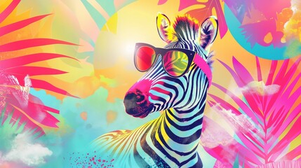 Poster - A zebra wearing sunglasses surrounded by colorful tropical leaves and abstract vibrant background, symbolizing a playful and trendy tropical lifestyle