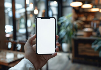 Mockup, woman's hands holding mobile phone with blank screen in coffee shop. Woman using smartphone, looking at the screen, over shoulder view