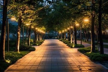 Wall Mural - A serene night scene featuring a path surrounded by tall trees with soft lighting