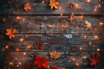 Aufkleber - A wooden surface covered with autumn leaves and soft lighting