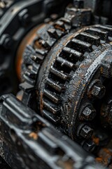 Poster - A detailed look at an old engine with rust and corrosion
