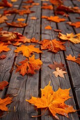 Poster - A wooden deck surrounded by vibrant orange and yellow leaves, perfect for autumn scenes or nature-inspired designs