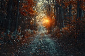 Aufkleber - A rustic dirt road winding through dense forest trees