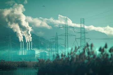 Poster - A scene showing power lines and a body of water, suitable for use in environmental or infrastructure context
