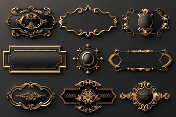 Poster - Collection of ornate gold frames against a dark, matte black background