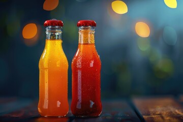 Canvas Print - Two soda bottles sit on a wooden table, ready for use