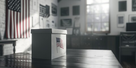 Poster - A box sits on top of a wooden table
