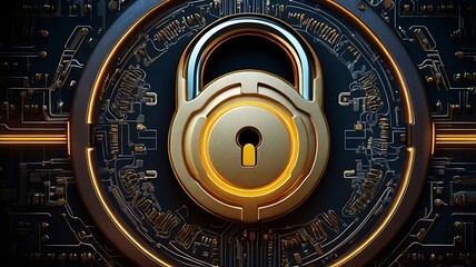 Wall Mural - 3d Title Gold padlock on blue circuit board. Suitable for cybersecurity concepts, technology backgrounds, and data protection designs. 7