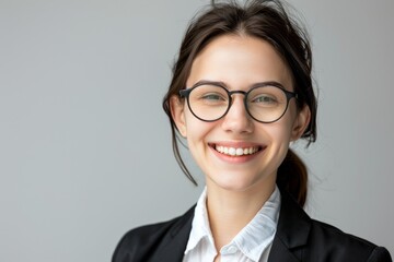 Photorealistic beautiful cheerful professional business woman office worker wearing glasses Generative AI