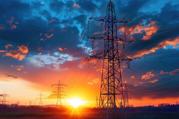 Poster - Sunset scene with power lines in the background