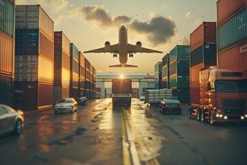 Wall Mural - Photorealistic logistic import export background Cargo plane goods truck with cargo containers Generative AI