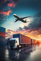 Wall Mural - Photorealistic logistic import export background Cargo plane goods truck with cargo containers Generative AI