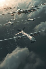 Poster - Group of airplanes flying through cloudy skies, great for travel or aviation themed projects