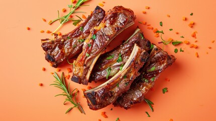 Wall Mural - Grilled Lamb Ribs on Orange Background from Top View