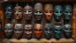 © ProVector - Twelve colorful traditional wooden masks are hanging on a wall made of wooden planks