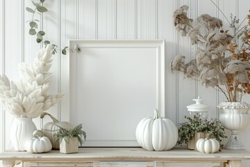 Poster - A picture frame sitting on a mantle, suitable for living room or home decor