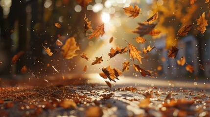 Poster - Autumn leaves blown away by wind, suspended in mid-air