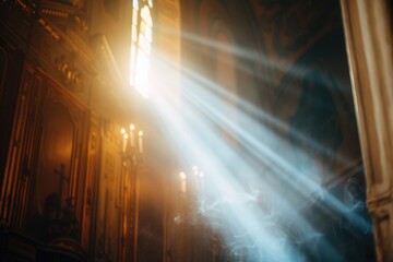 Poster - A warm light shines through a window in a peaceful church