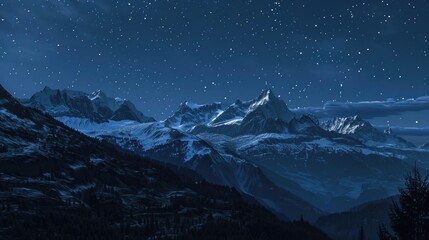 Poster - A mountain range under the starry night sky