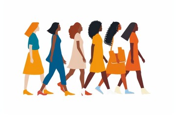 Sticker - Stylish illustration of diverse women walking together in harmony showcasing unity and empowerment with a pastel background