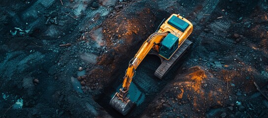 An excavator digs into a dark earth site, showcasing heavy machinery in action during construction, illustrating industrial progress and development.