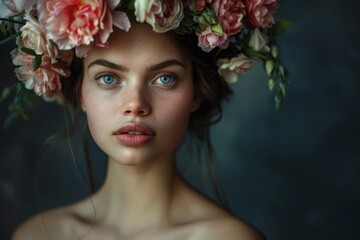 young lady with a floral wreath on her head Generative AI