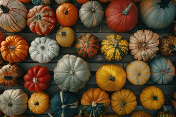 Poster - A collection of bright and varied pumpkins displayed on a rustic wooden surface