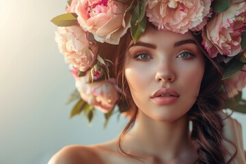 Wall Mural - young lady with a floral wreath on her head Generative AI