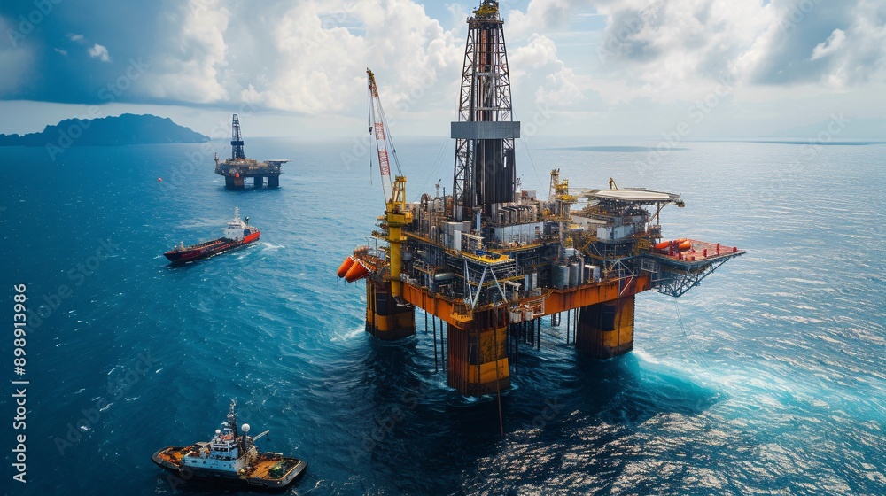 Aerial view of offshore oil rigs amidst calm waters, showcasing ...