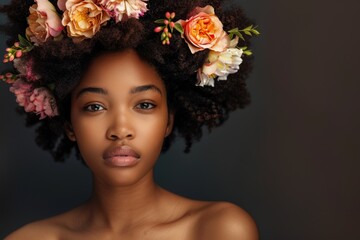 young afro american woman with a wreath of flowers on her head Generative AI