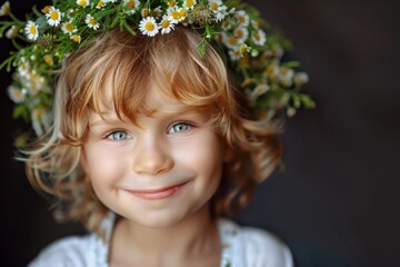 Wall Mural -  smiling child with a wreath of flowers on his head Generative AI