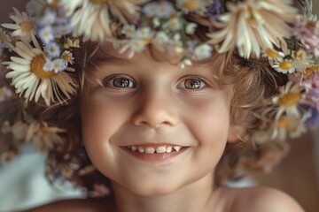 Wall Mural -  smiling child with a wreath of flowers on his head Generative AI