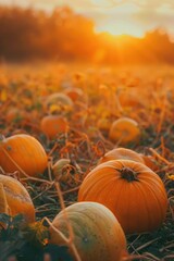 Poster - A field of pumpkins during sunset, great for autumn and harvest themed designs
