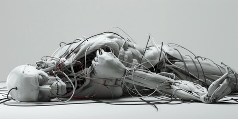 Poster - A detailed sculpture of a human head surrounded by metal wires, great for industrial or technology-related concepts