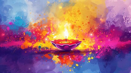 Wall Mural - Lit diya traditional oil lamp on colorful abstract rangoli background. Deepavali, Diwali. Hindu festival of lights. Template with copy space for greeting card, banner, poster for Indian  holidays