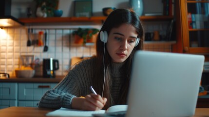 Aufkleber - A woman sits in front of a laptop with headphones on, likely focused on her work
