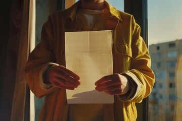 Aufkleber - A person holding a document or note, suitable for use as a symbol or concept illustration