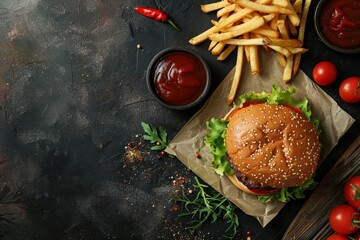 Wall Mural - Top view of a burger with fries sauce Generative AI