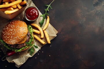 Wall Mural - Top view of a burger with fries sauce Generative AI