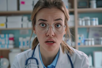 Poster - A professional woman in a white lab coat and glasses working or studying