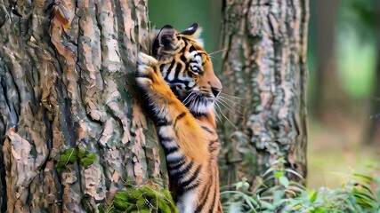 young tiger hugging tree in forest