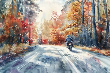 Wall Mural - A person riding a motorcycle along a winding road, perfect for transportation or adventure scenes