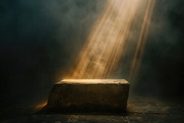 Poster - A stone bench with a beam of sunlight, great for interior or exterior design