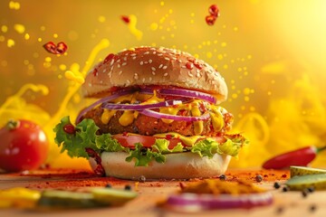 Wall Mural - delicious burger flying Generative AI