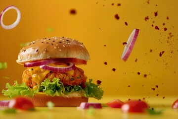 Wall Mural - delicious burger flying Generative AI